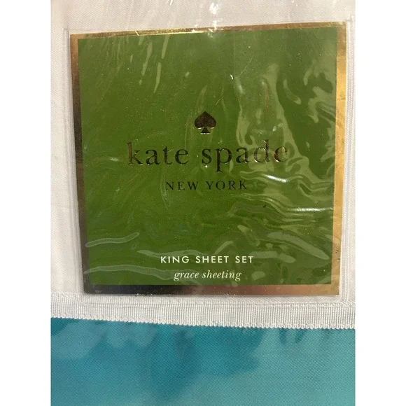 Kate Spade King Sheet Set Grace Sheeting Cotton Turquoise White NWT - Picture 4 of 4